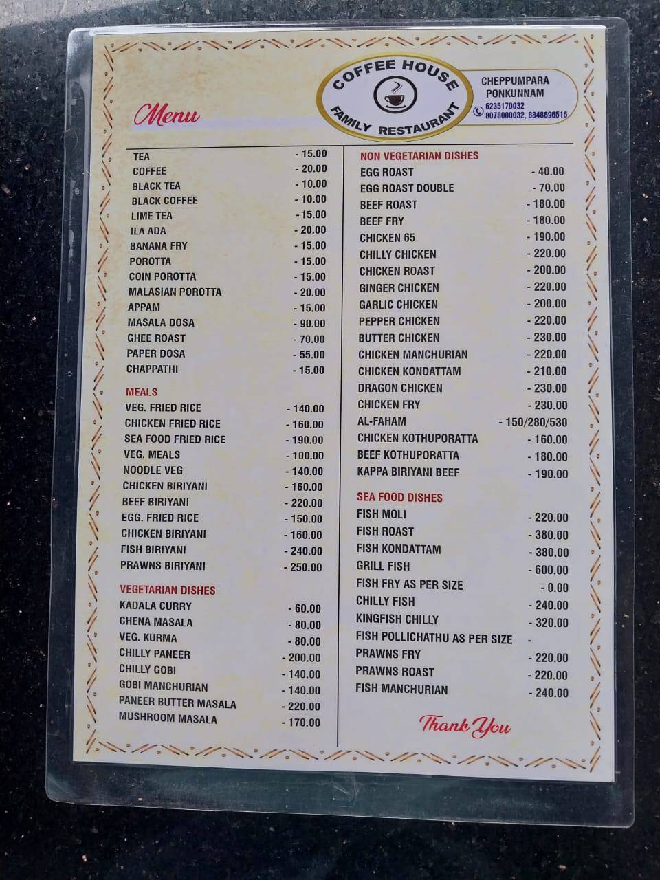 Coffee house family restaurants menu