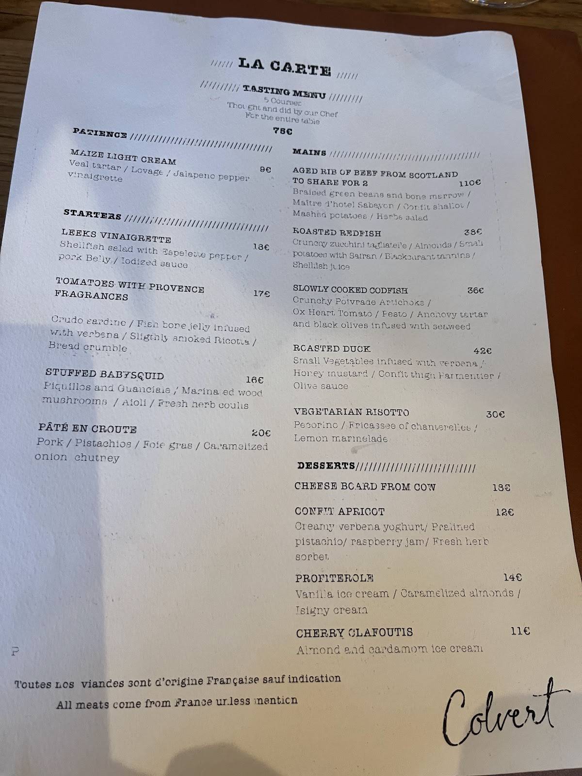 Menu de Colvert