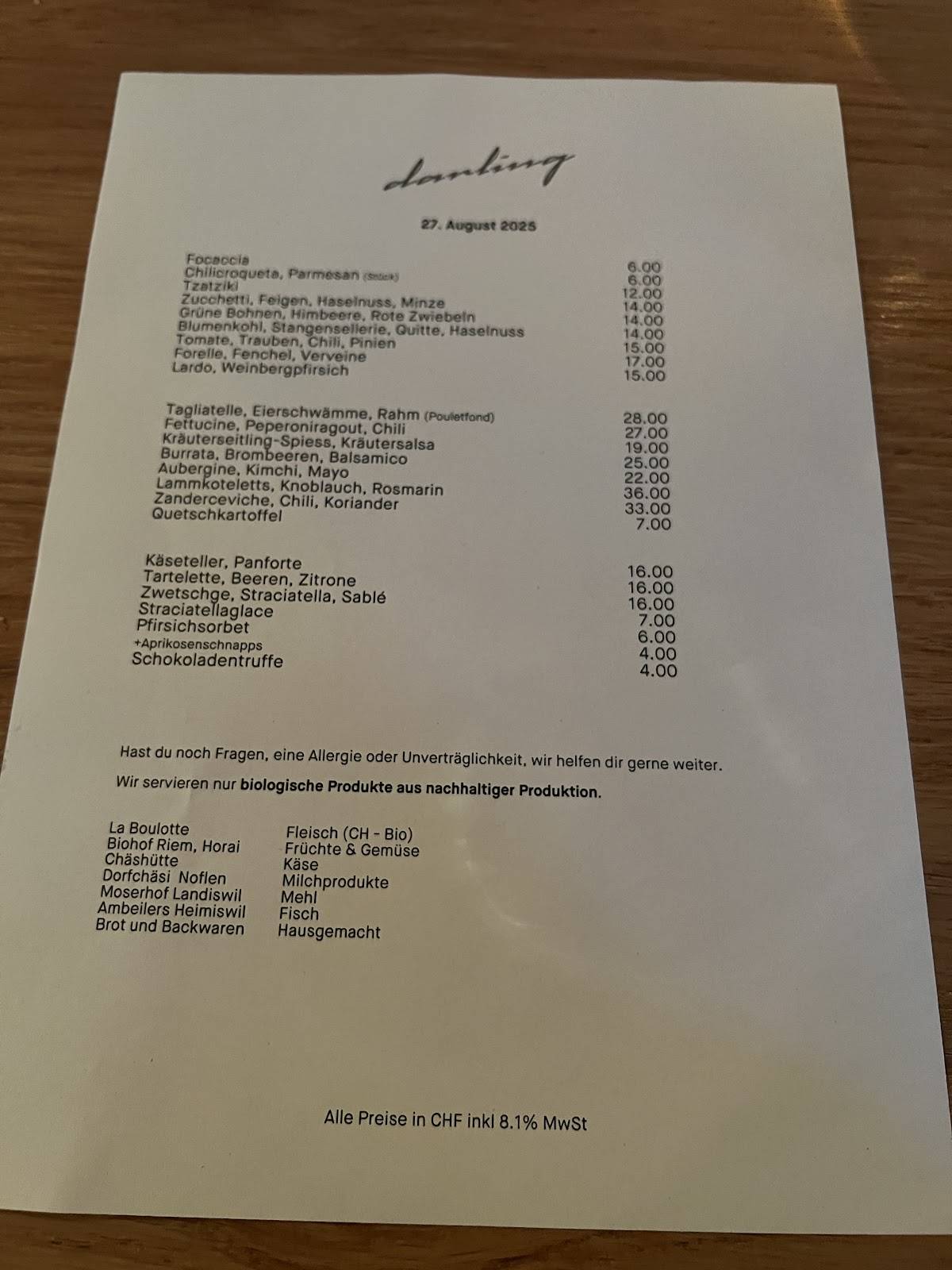 Menu di Restaurant Darling 