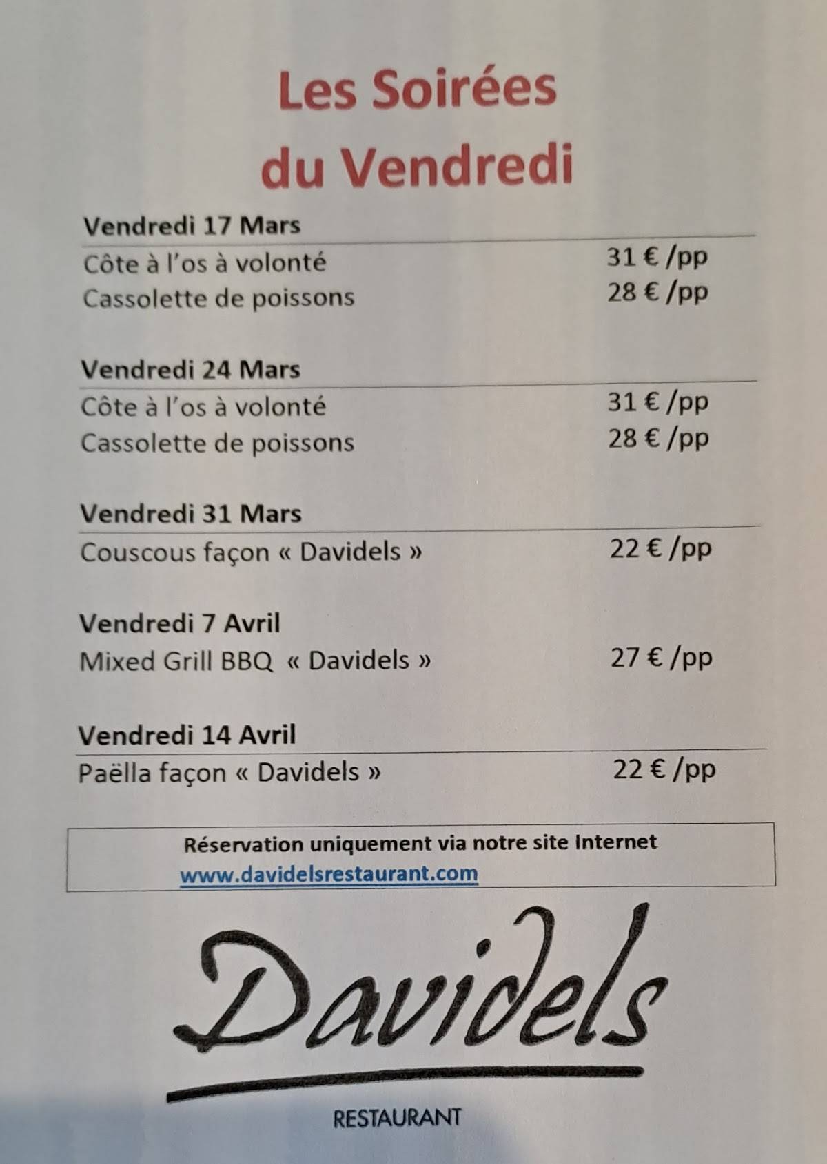 Menu de Davidels restaurant