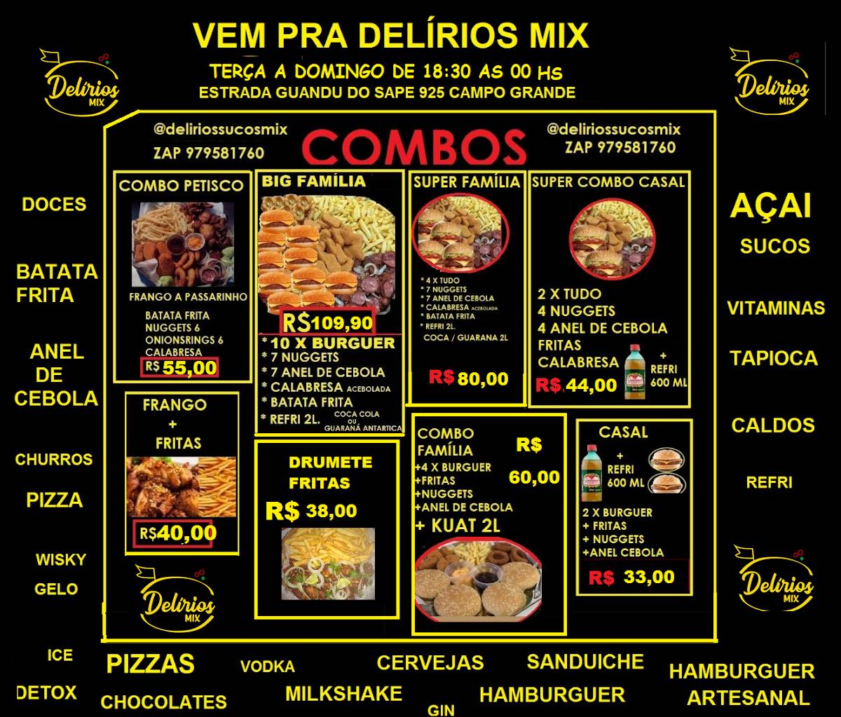 Delírios sucos mix cardápio