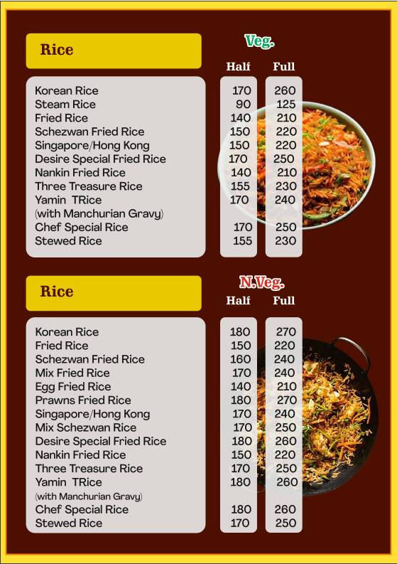 Desire Chinese Chinese Restaurant in Thane Thai Cuisine Restaurant Tandoor Biryani in Thane menu