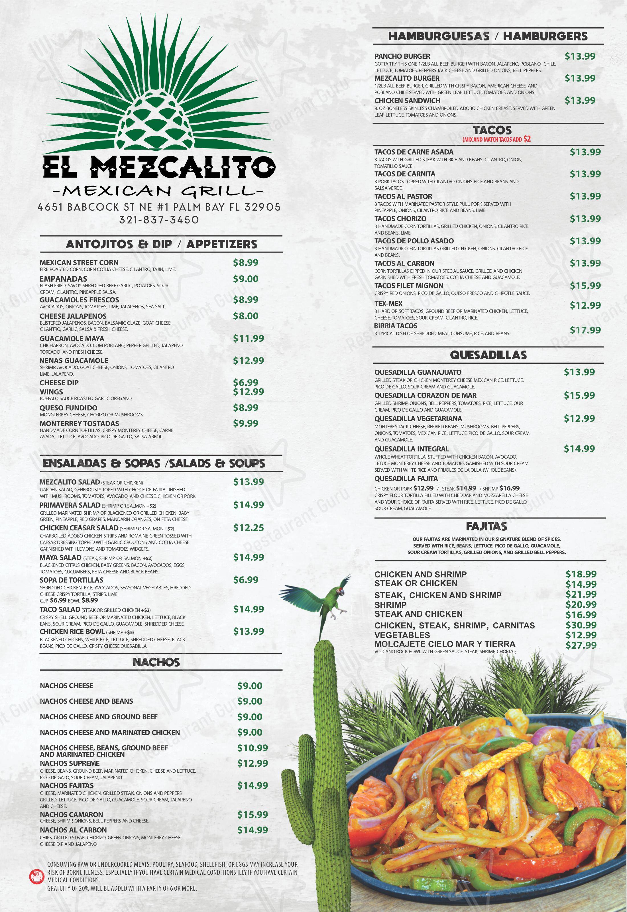 Menu at El Mezcalito Mexican Grill restaurant, Palm Bay