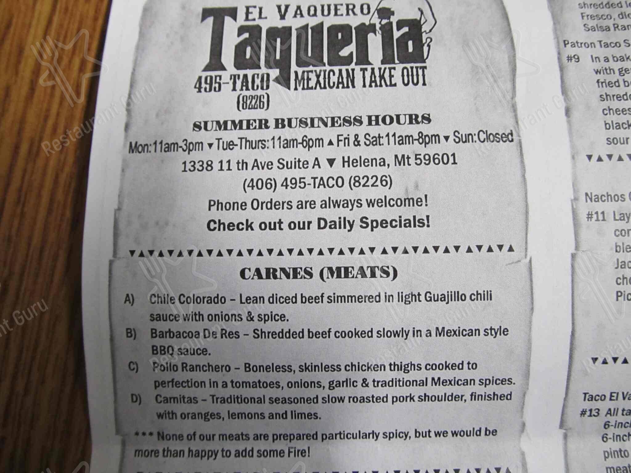 Menu at El Vaquero Taqueria restaurant, Helena, 11th Ave
