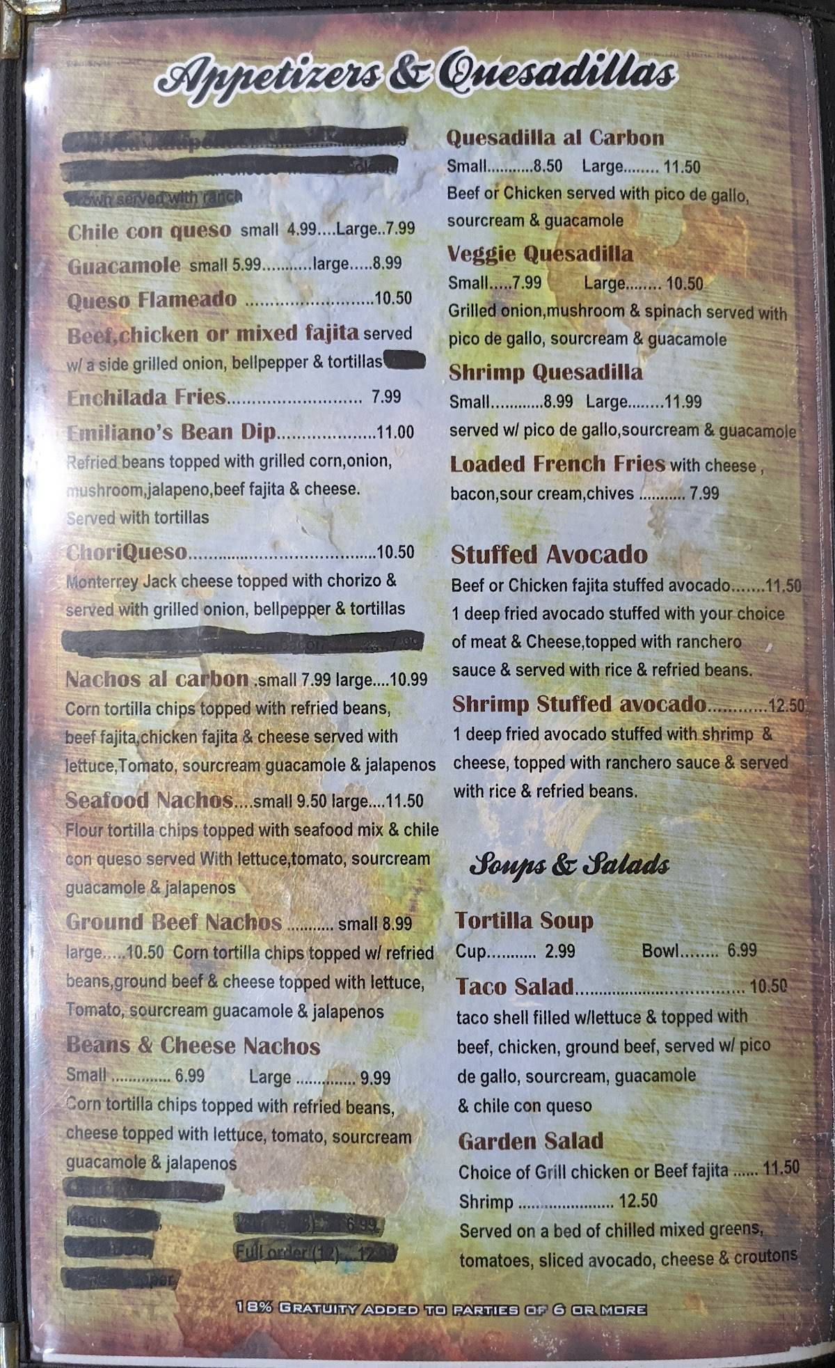 Menu at Emilianos Mexican Grill restaurant, Yoakum
