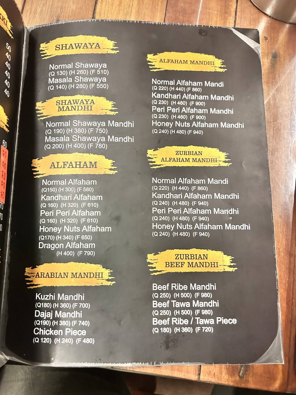 Farsi Arabic Cafe menu