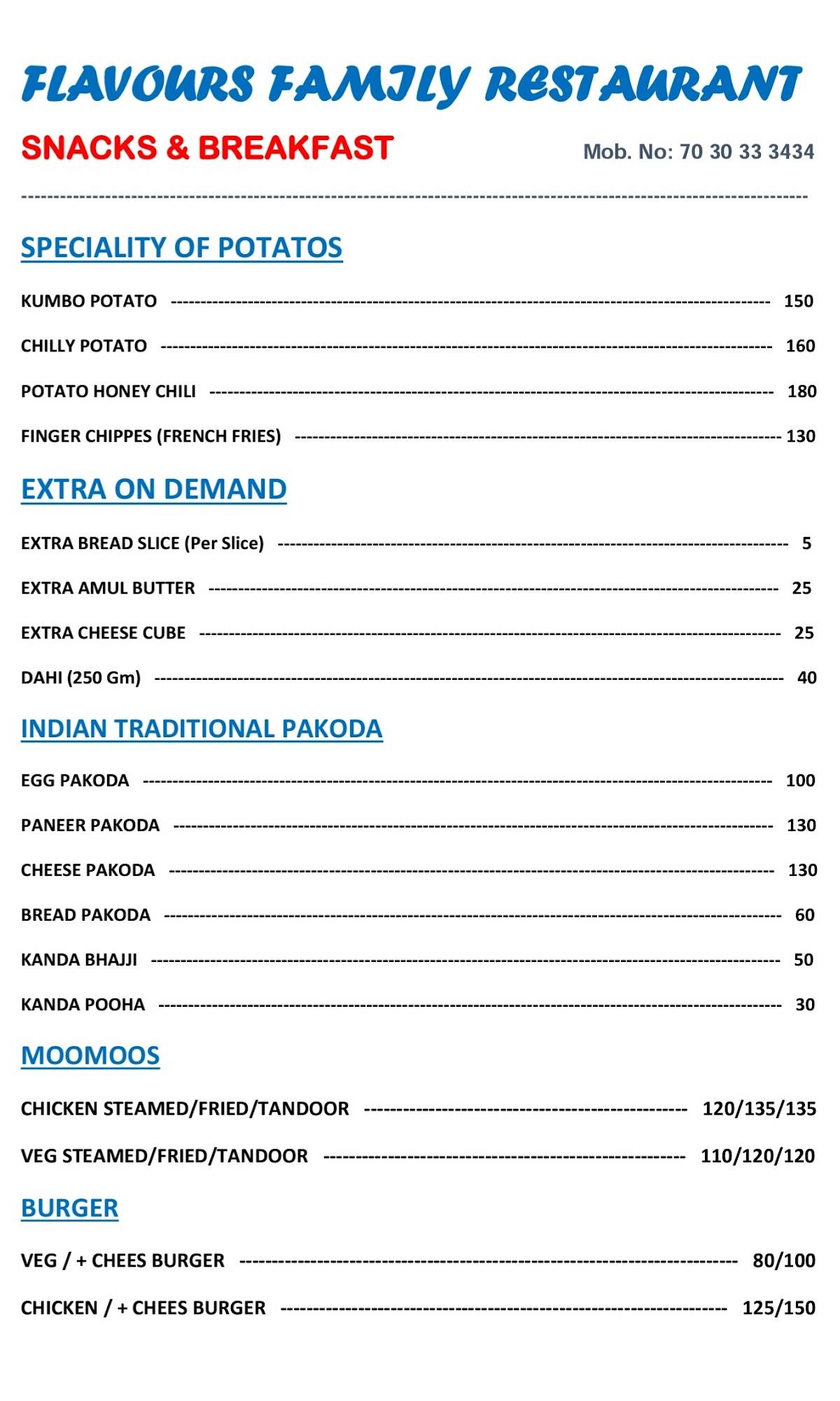 Flavours Restaurant Live Orchestra Bar menu