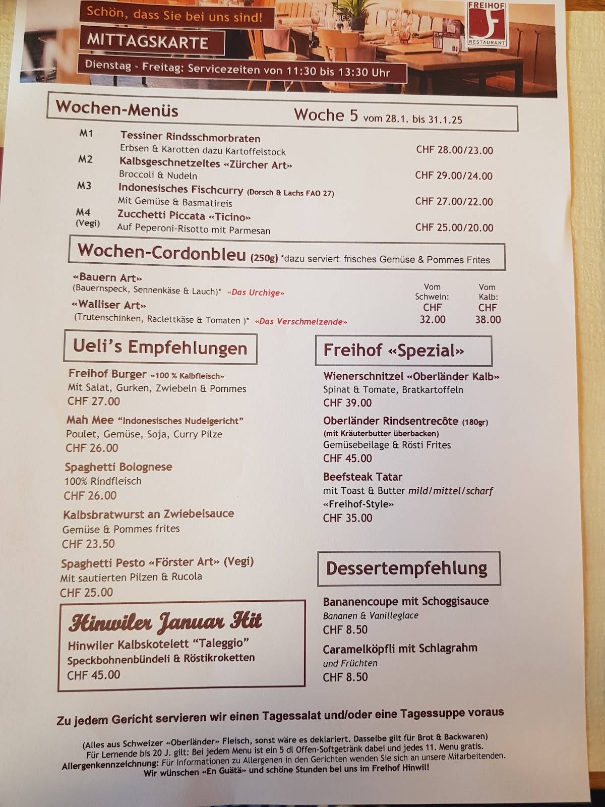 Menu di Restaurant Freihof KLG 