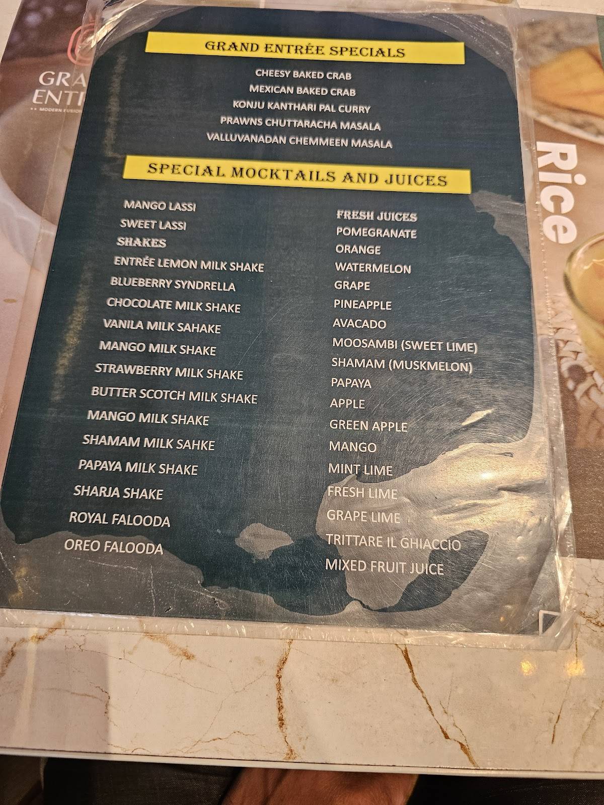 Grand Entree Select menu