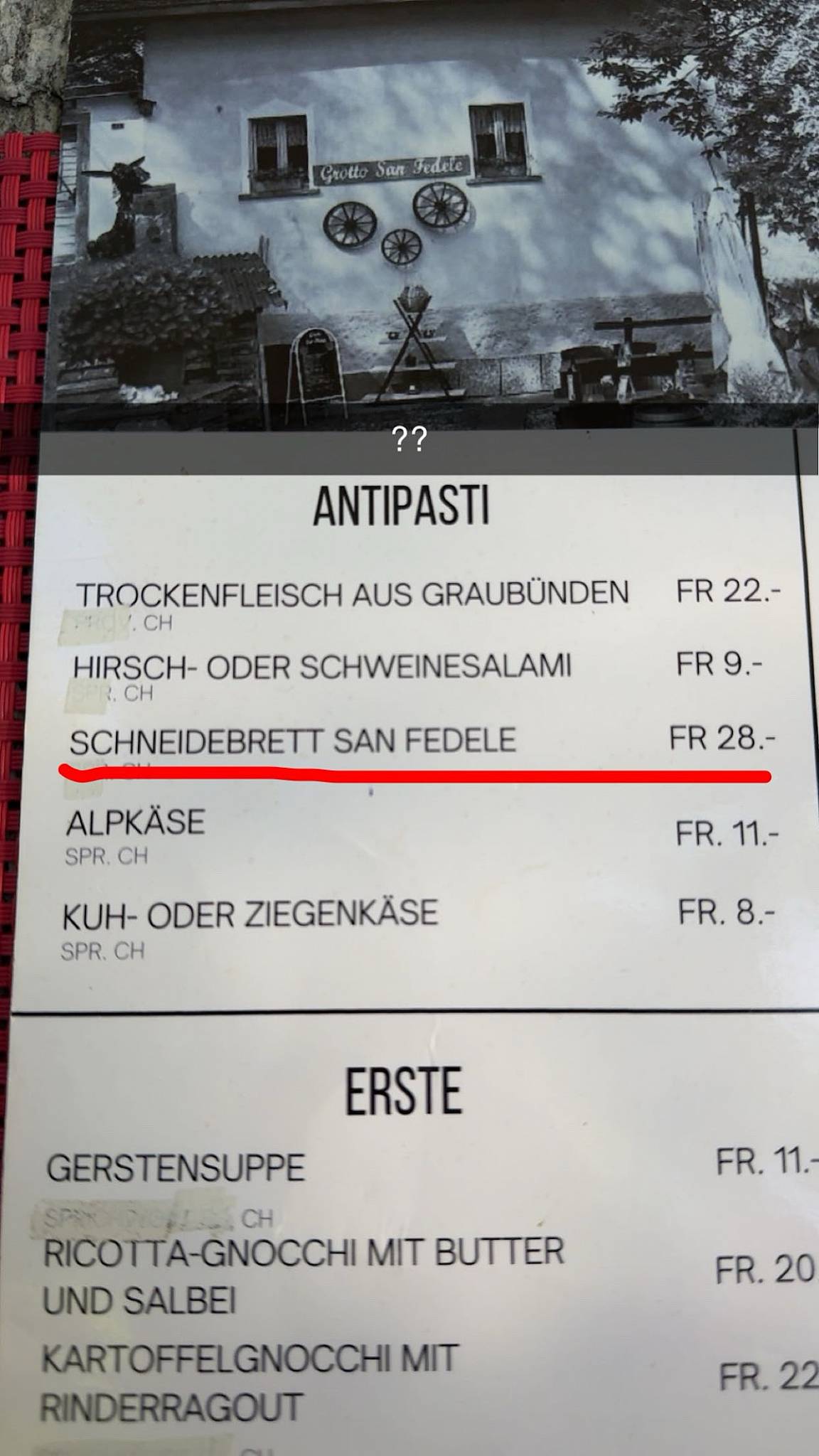 Menu di Grotto San Fedele 