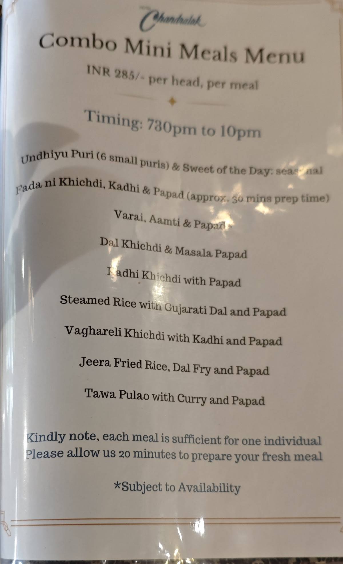 Hotel Chandralok menu