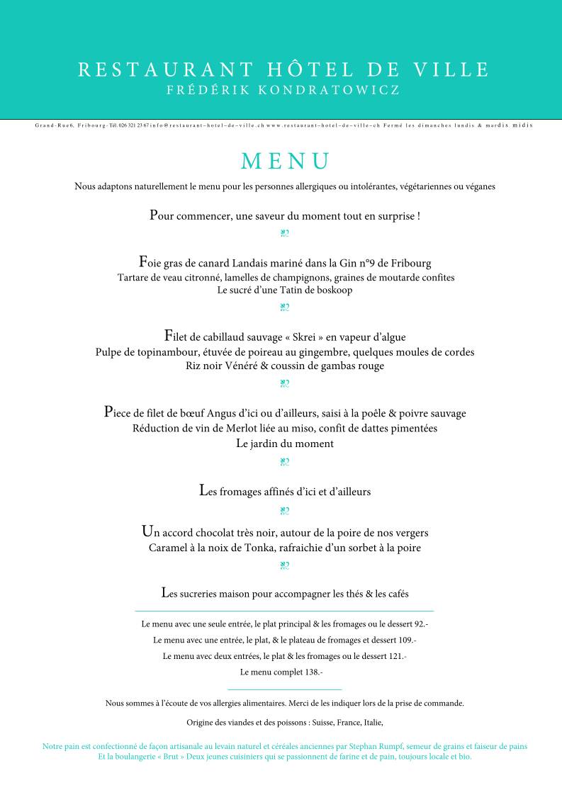 Menu di Restaurant Hôtel de Ville 