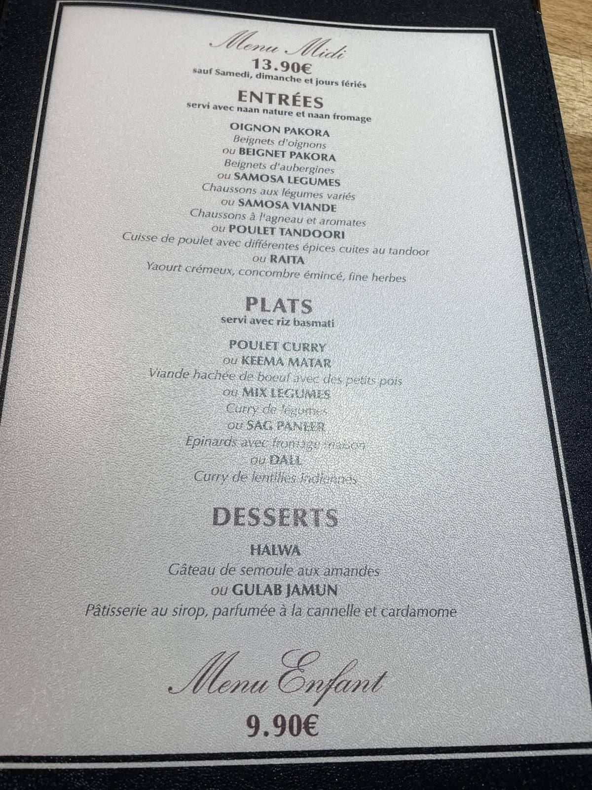 Menu de Restaurant Indien