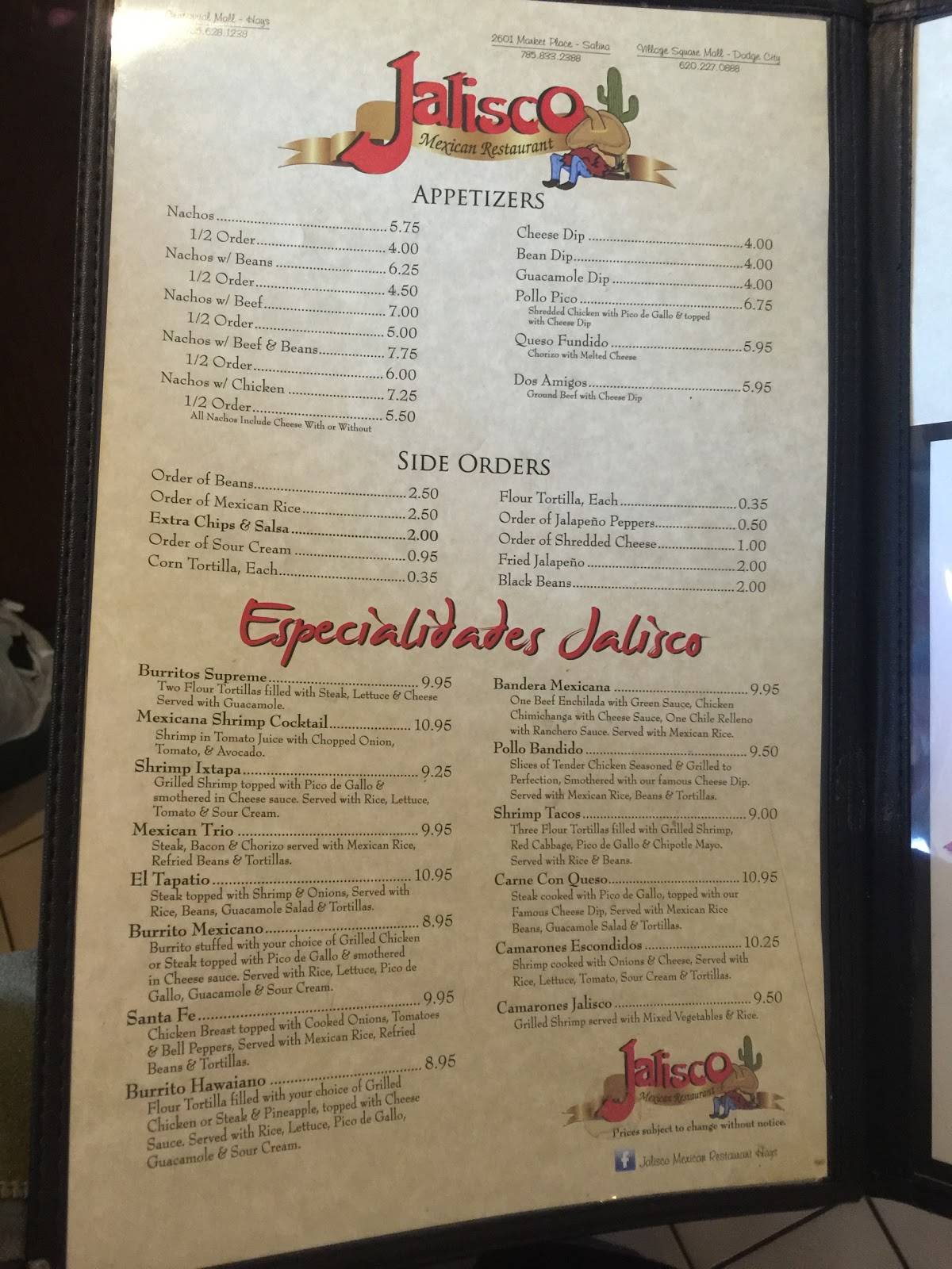 Menu at Jalisco Restaurant, Hays