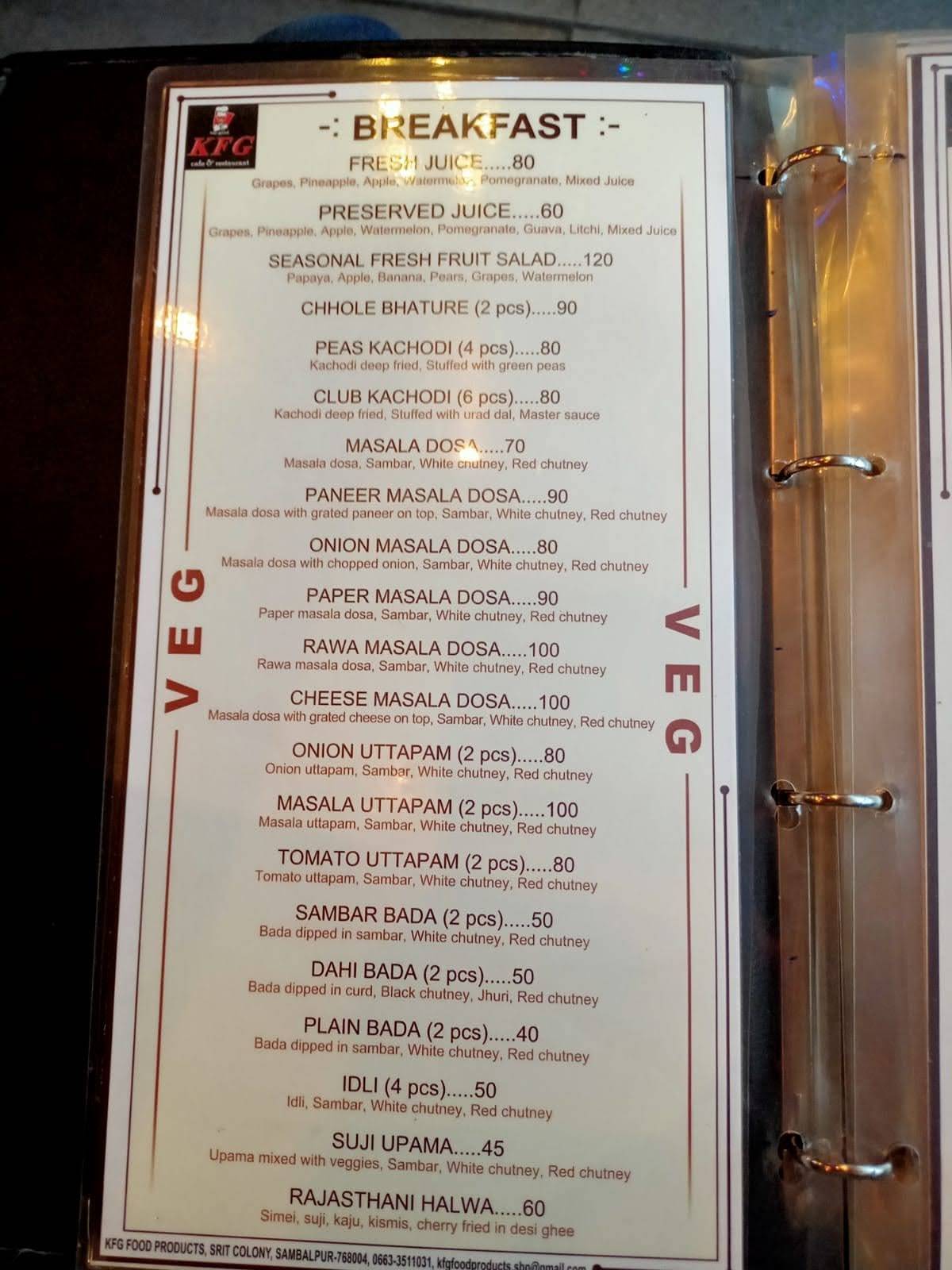 KFG CAFE & RESTAURANT menu