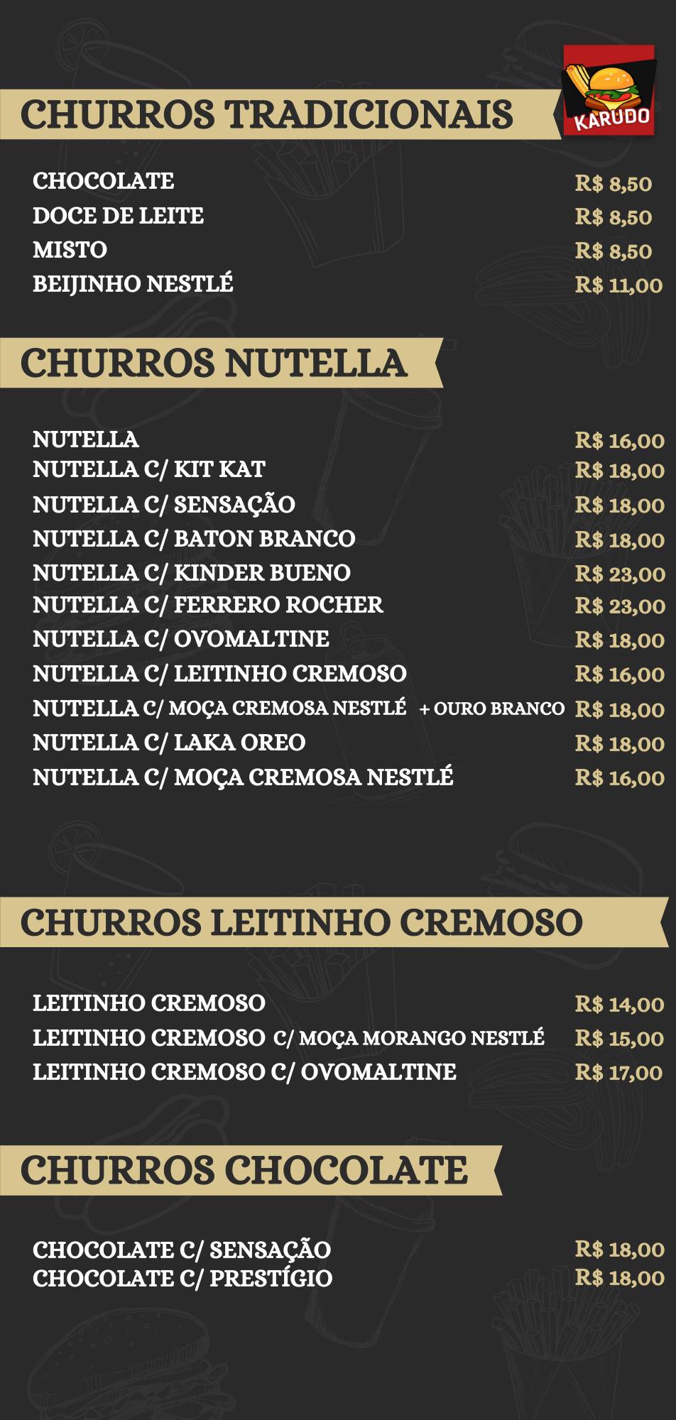 Karudo Lanches e Churros cardápio
