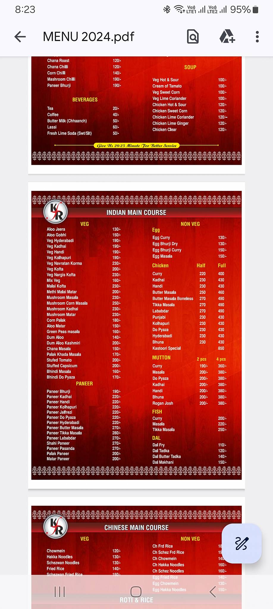 Kastoori Family Restaurant menu