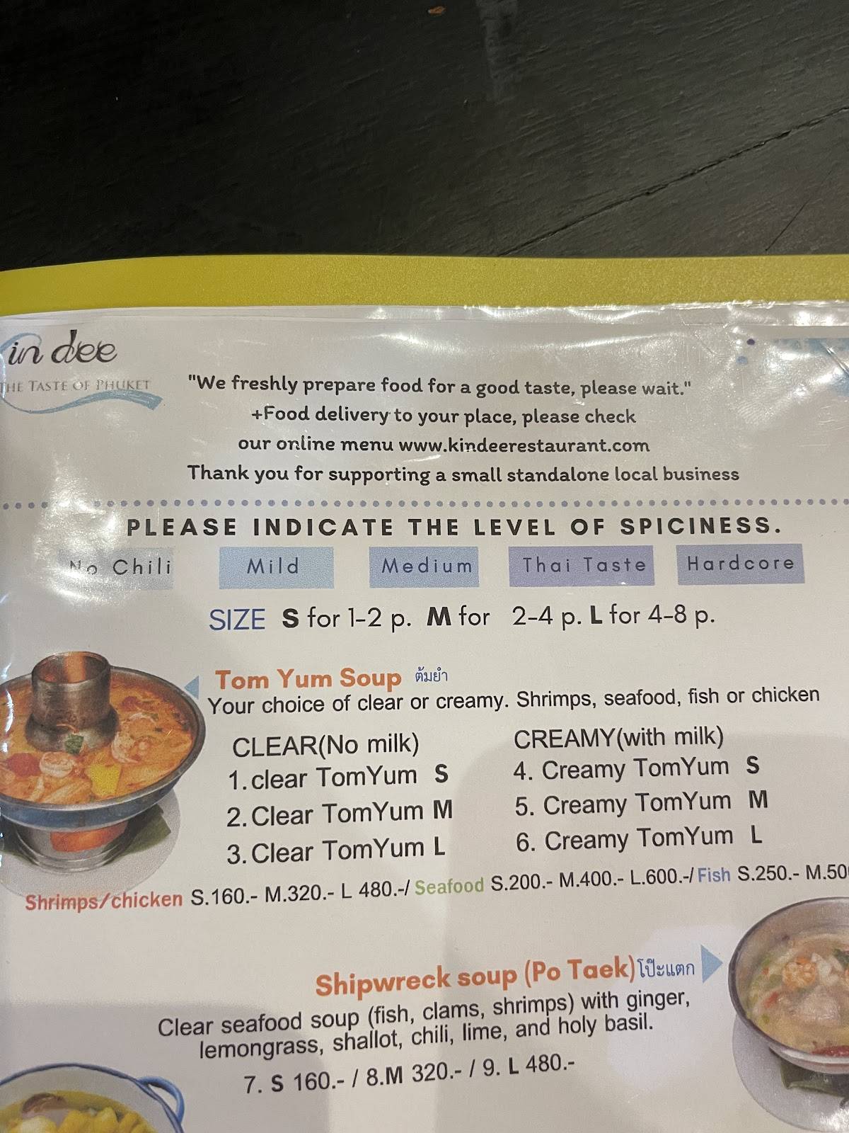 Menu at Kin Dee restaurant, Mai Khao
