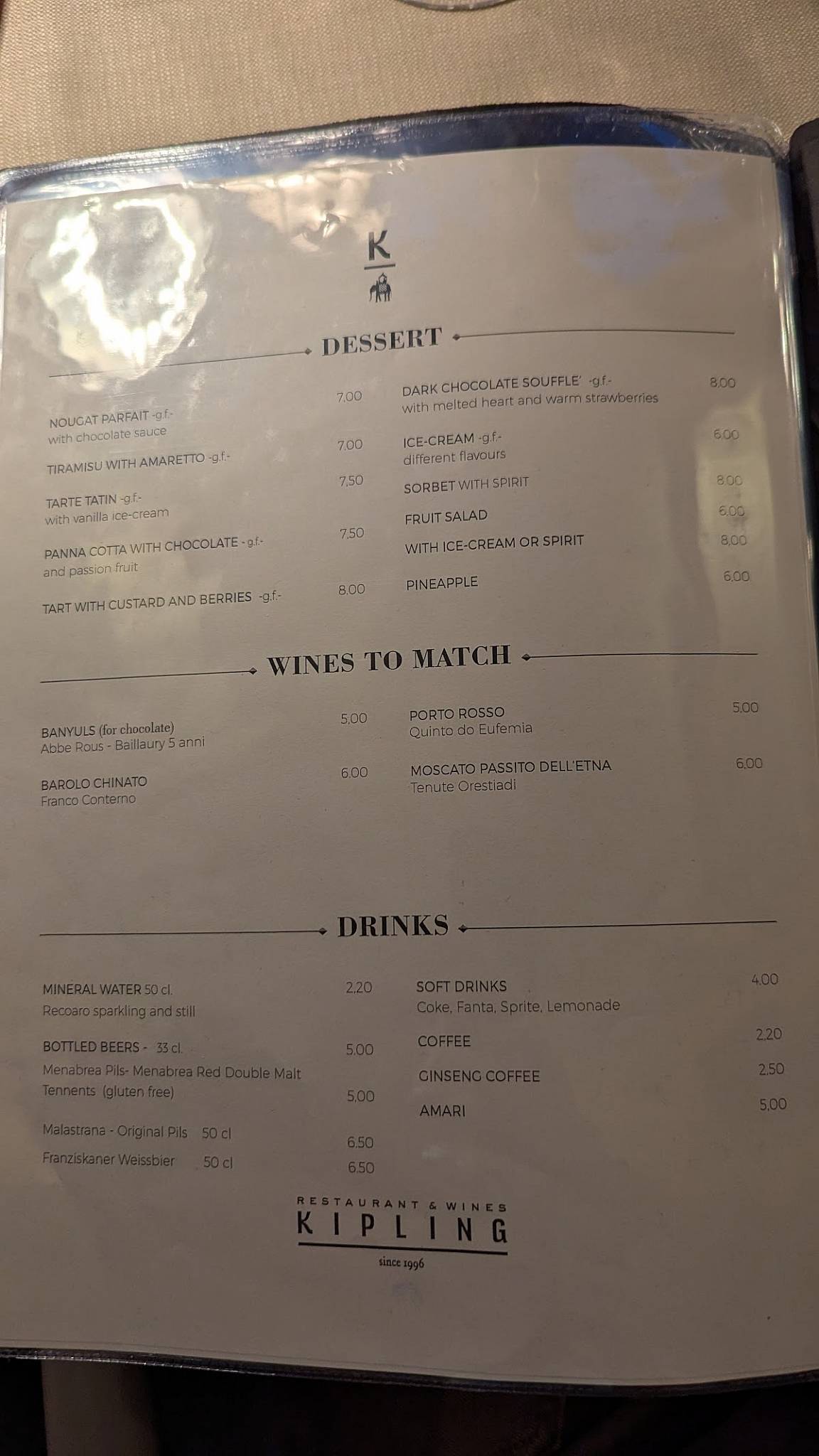 Menu de Kipling Restaurant & Wines