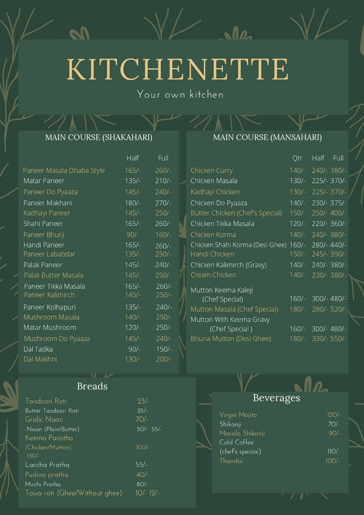 Kitchenette Your Own Kitchen menu