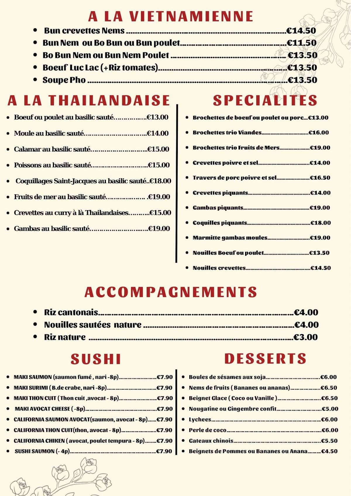 Menu au LA BAIE D’HALONG restaurant, ArgentonsurCreuse