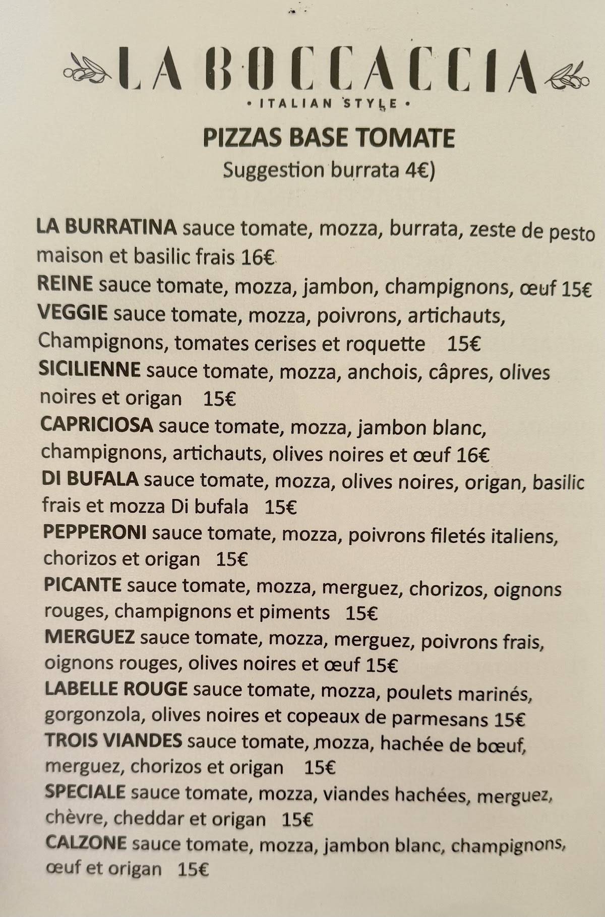 Menu de LA BOCCACCIA