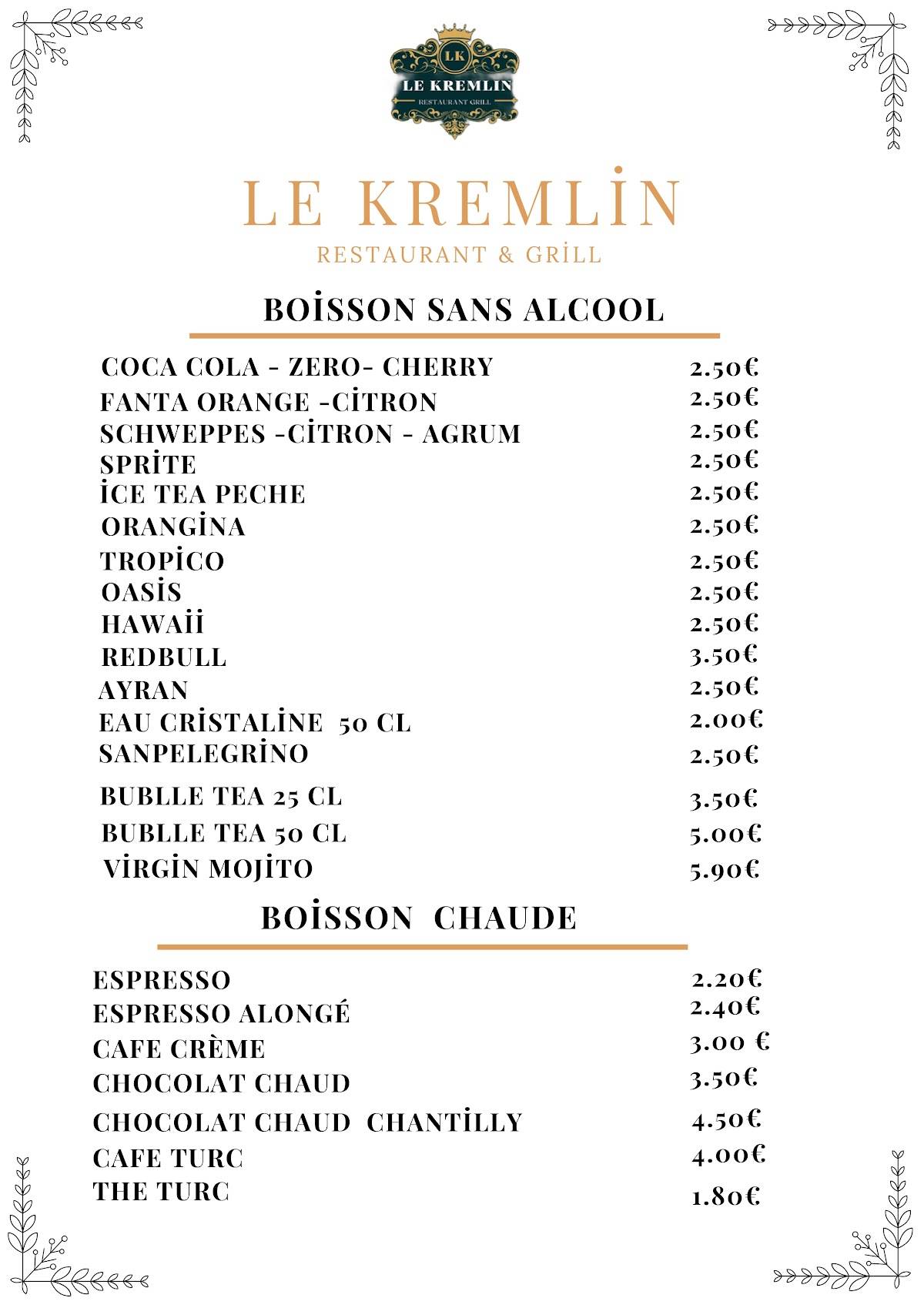 Menu de LE KREMLIN RESTAURANT GRILL
