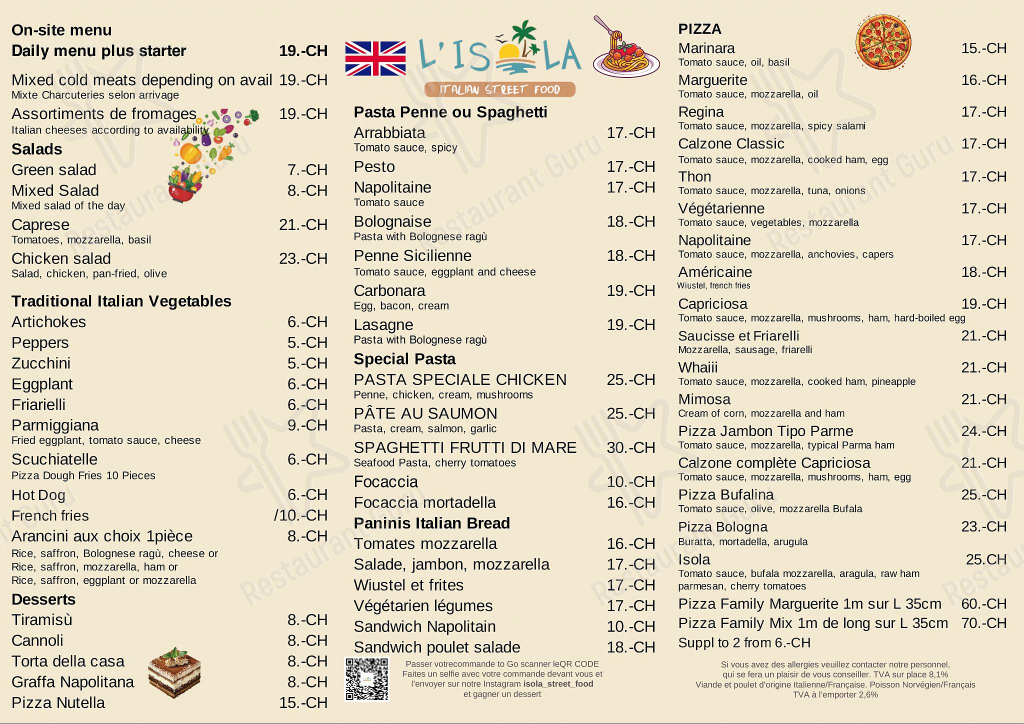 Menu di L'Isola - Italian Street Food - Restaurant et Pizzeria 