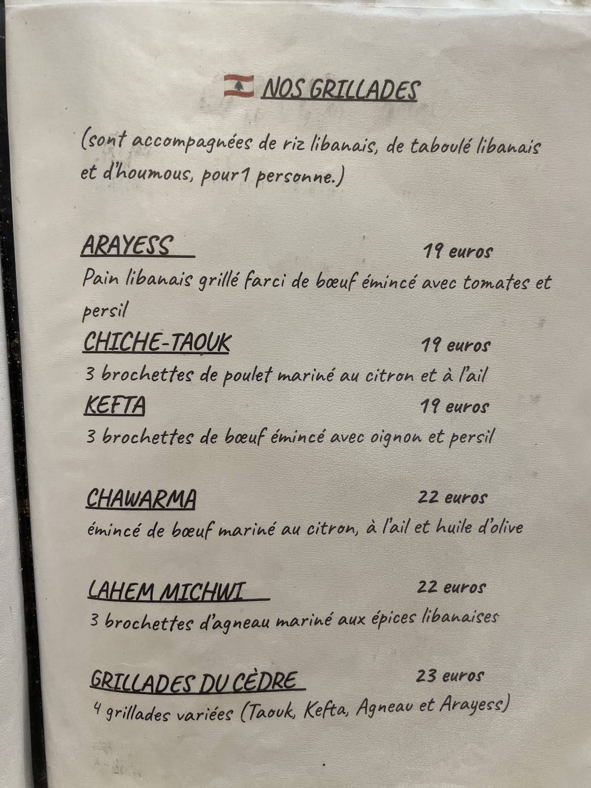 Menu de Restaurant Le Cèdre