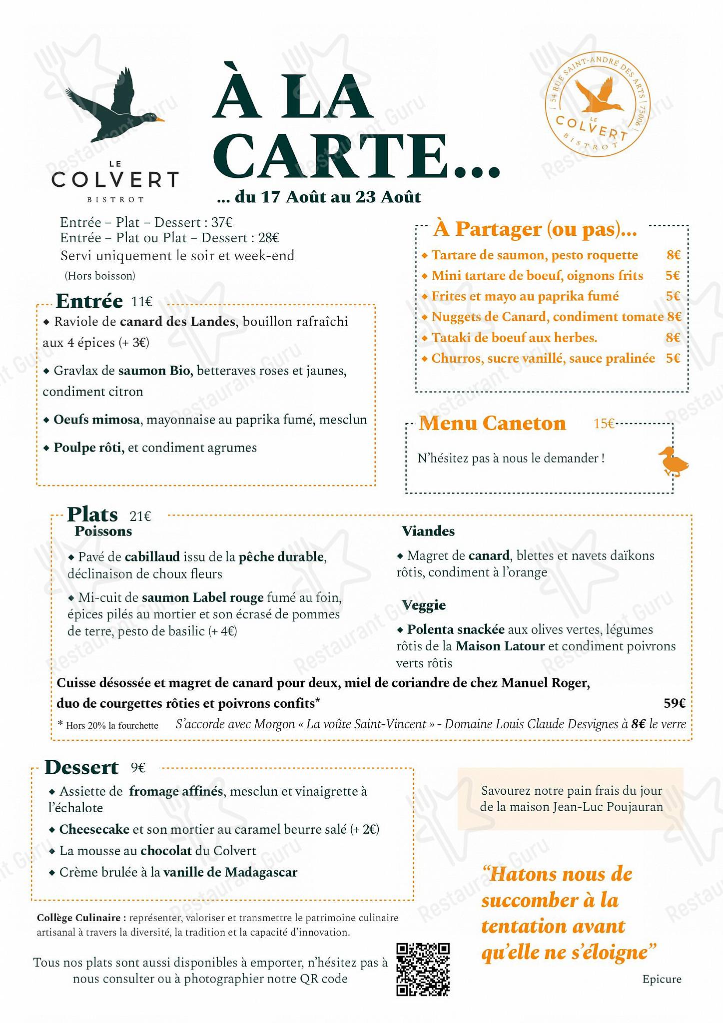 Breakfast Menu pour Colvert dans Paris
