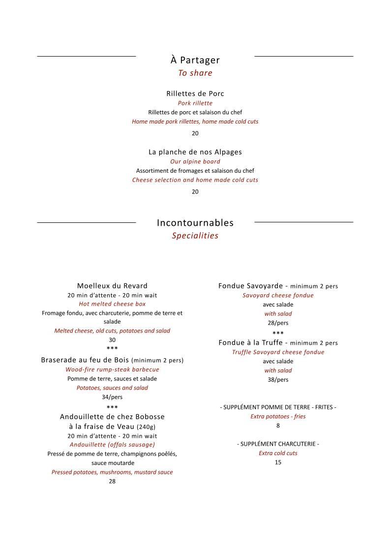 Menu de Le Bistrot du Dahu