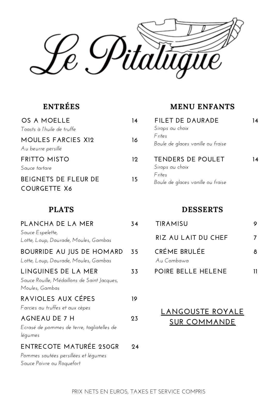 Menu de Le Pitalugue, restaurant de spécialités de la mer