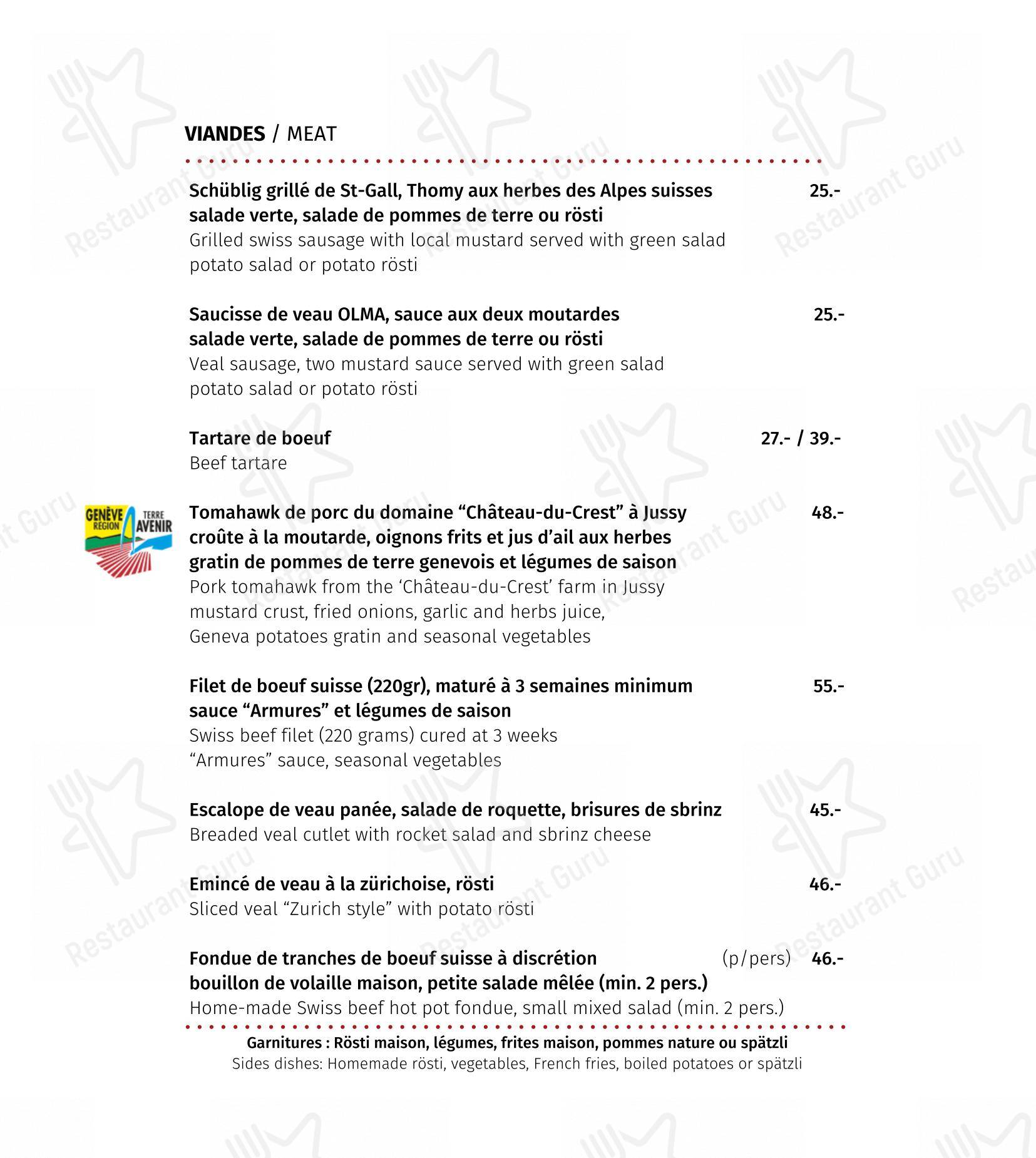 Menu per Restaurant Les Armures in Ginevra