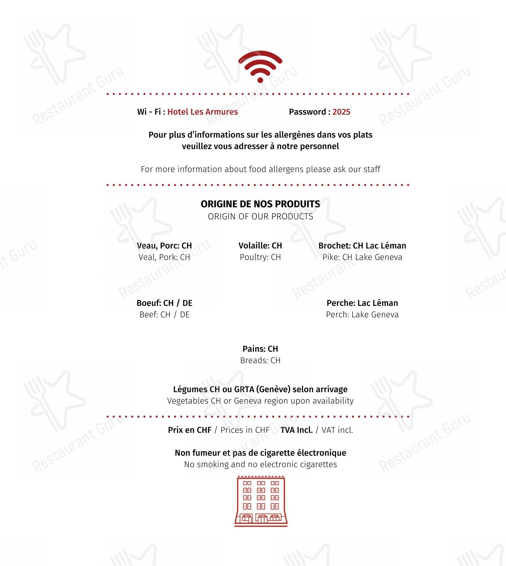 Menu per Restaurant Les Armures in Ginevra