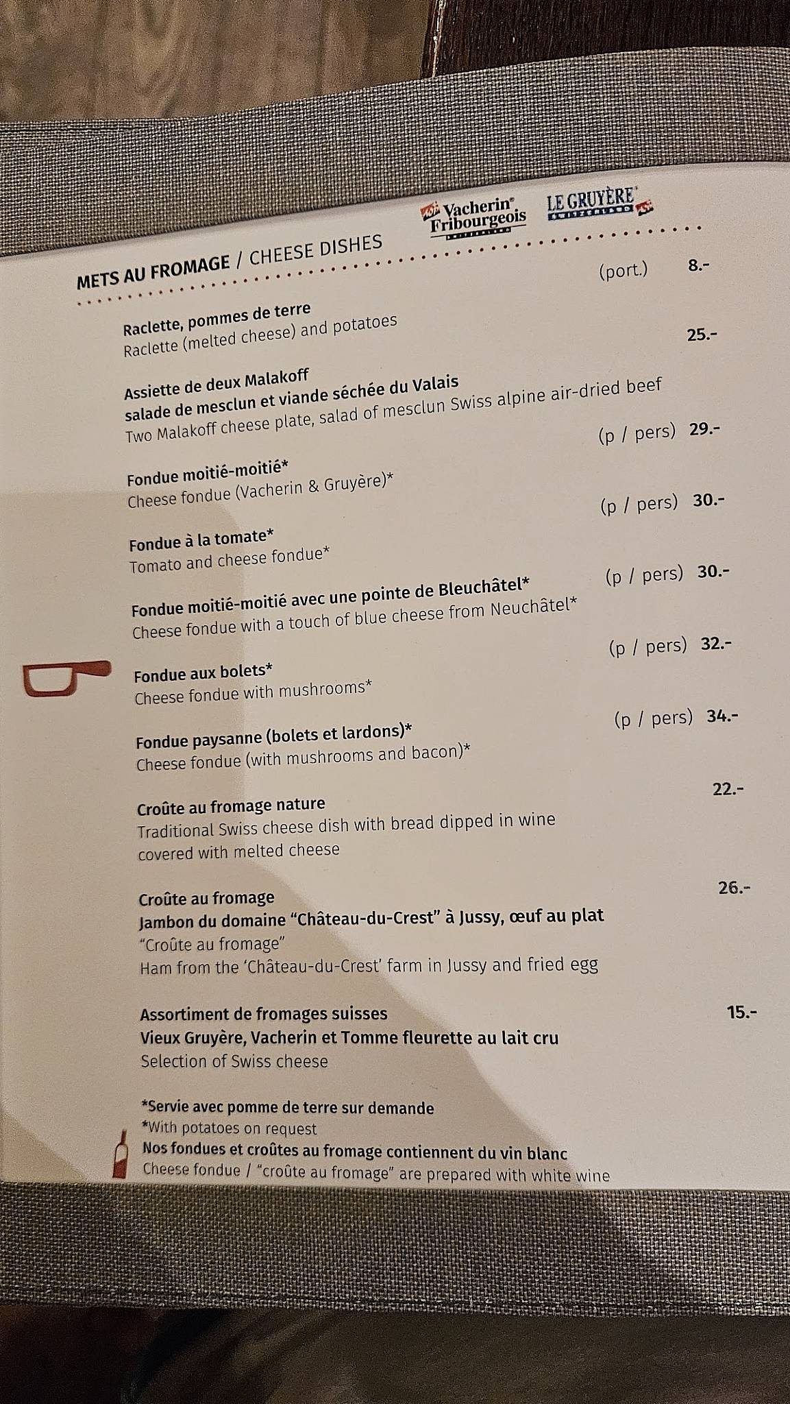 Menu di Restaurant Les Armures 