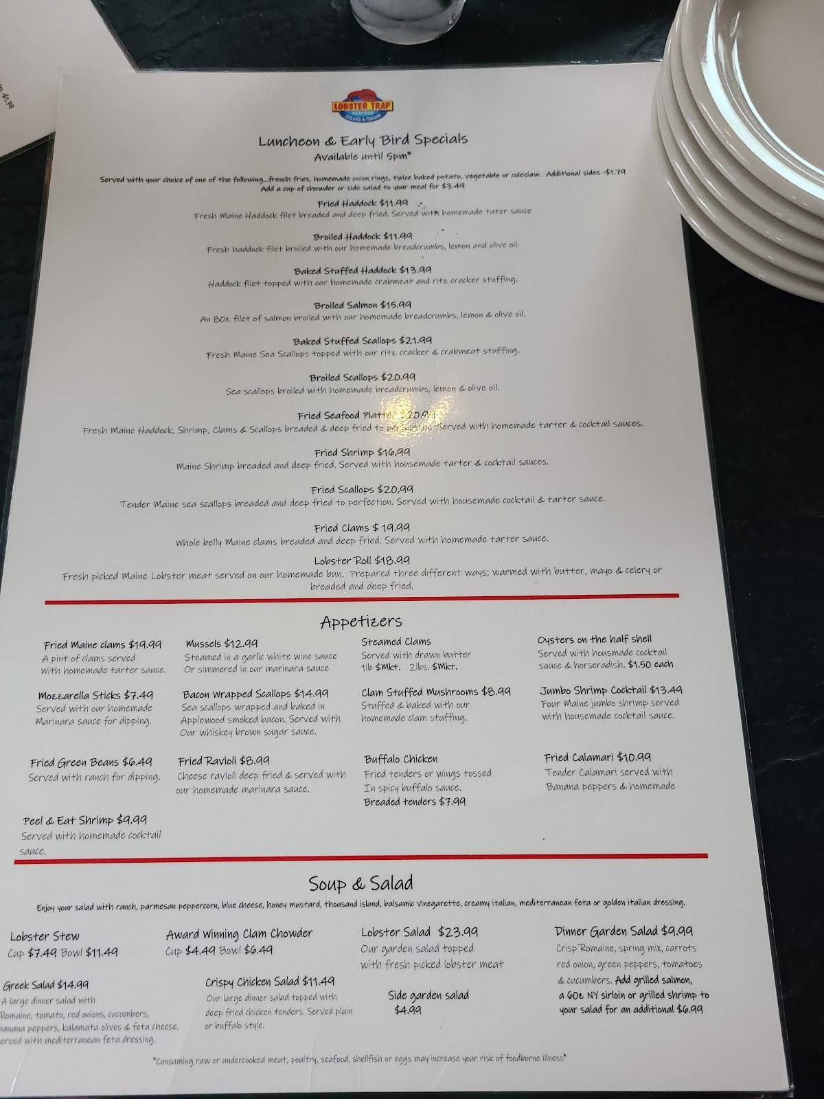 Menu at Lobster Trap restaurant, Conway, West Side Rd