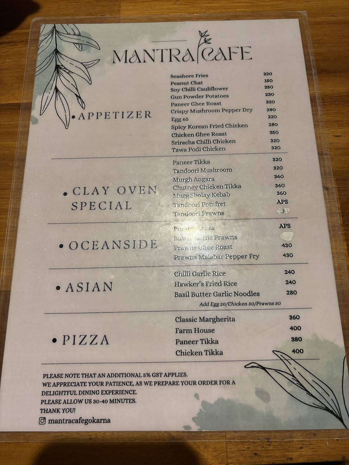 Mantra Cafe menu