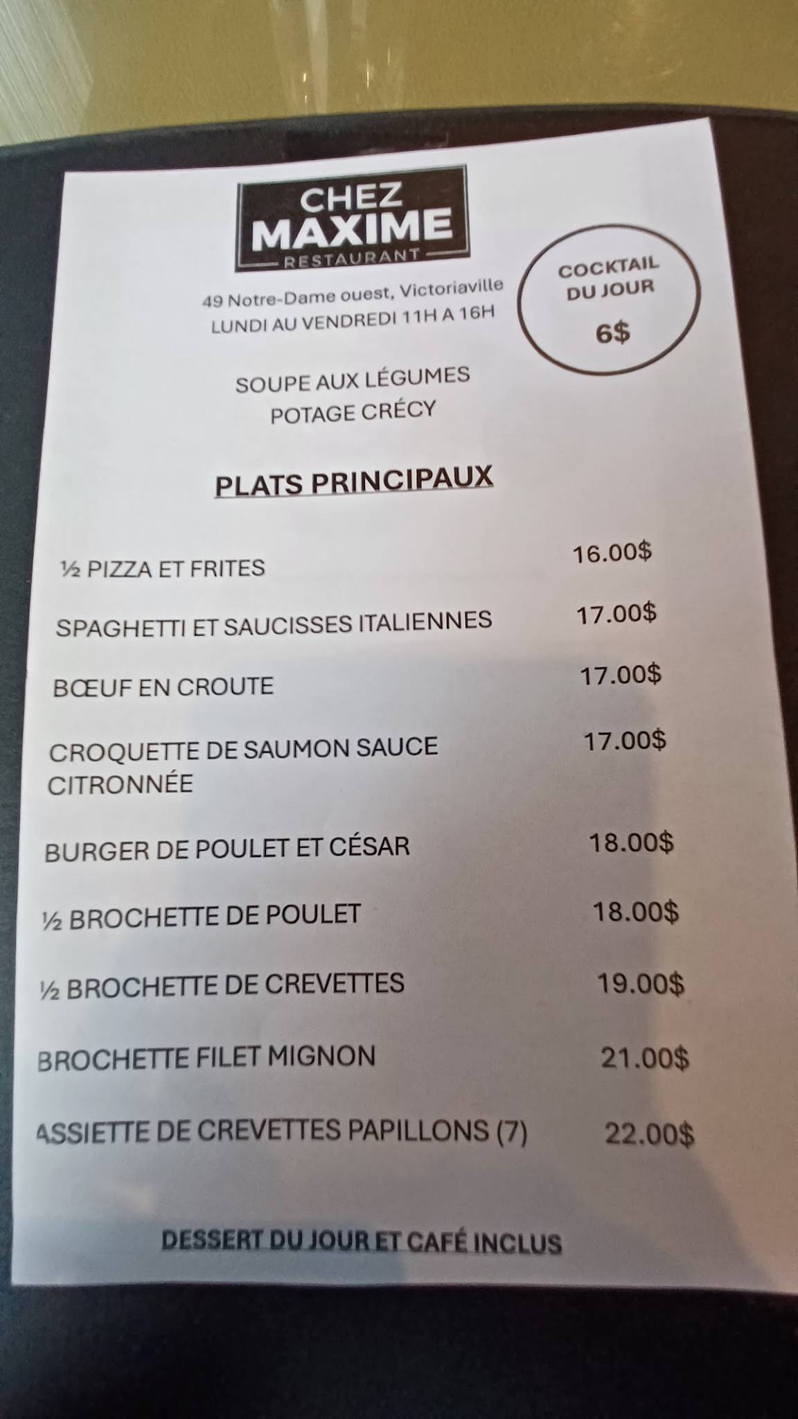 Menu de Restaurant Maxime