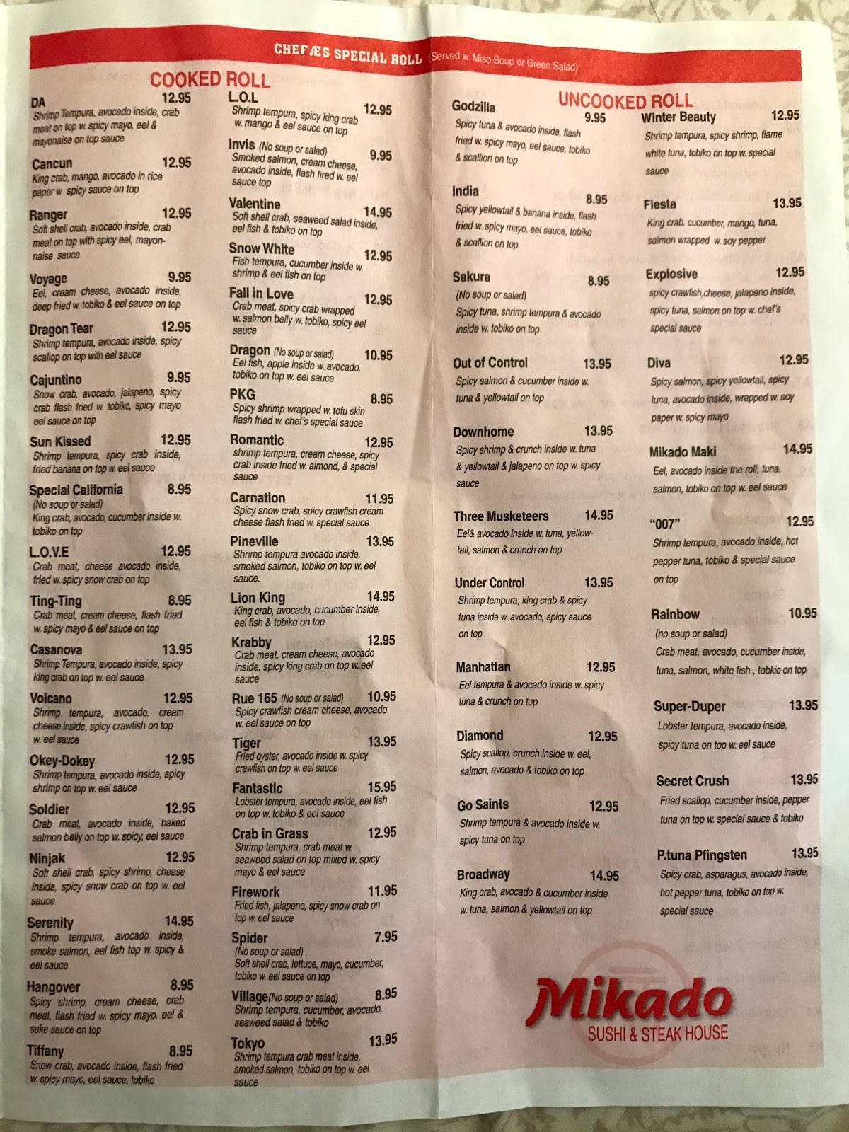 Menu at Mikado Sushi & Steak House restaurant, Pineville