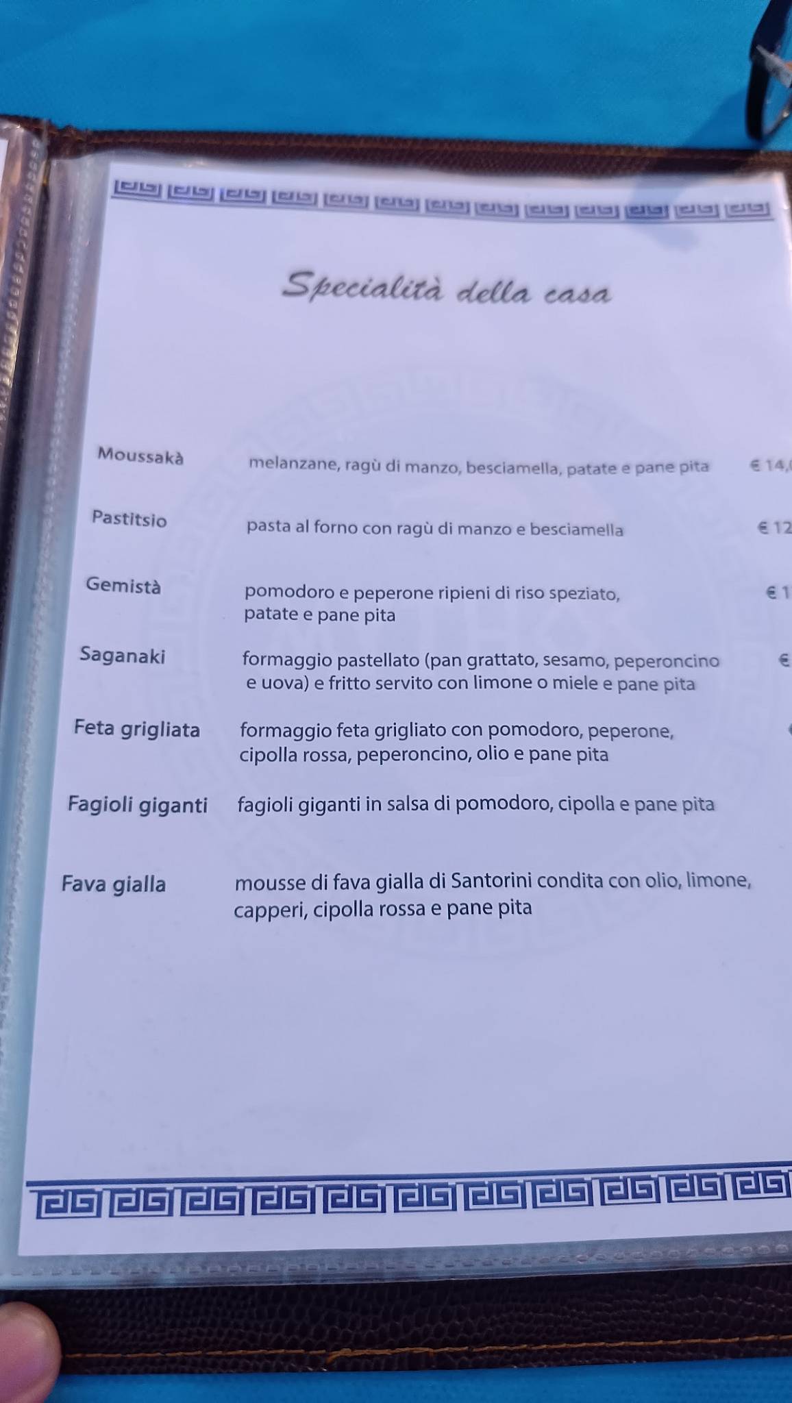 Menu di Mythos cucina greca 