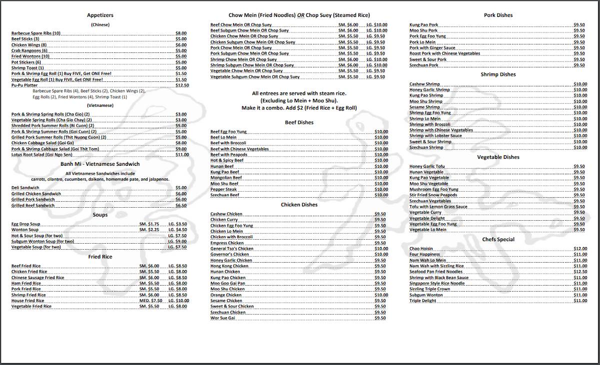 Menu at Nam Wah Chinese & Vietnamese Cuisine restaurant, Berea