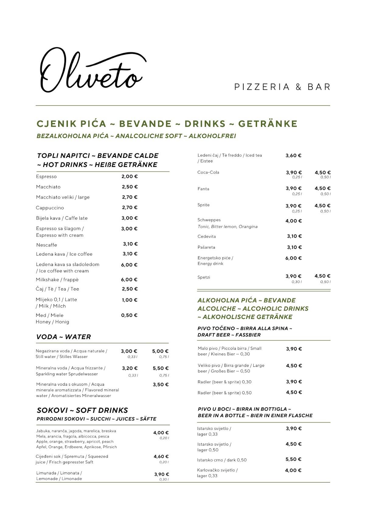 Menu di Oliveto Pizzeria & Bar 