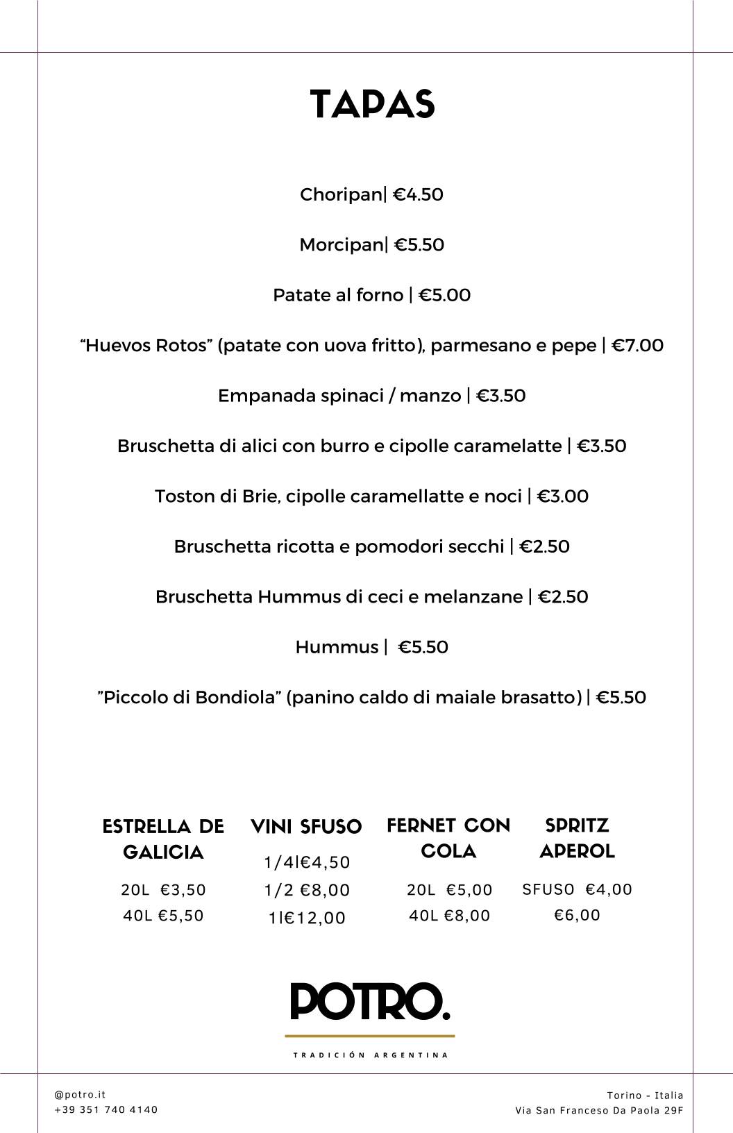 Menu di POTRO Tradición Argentina 