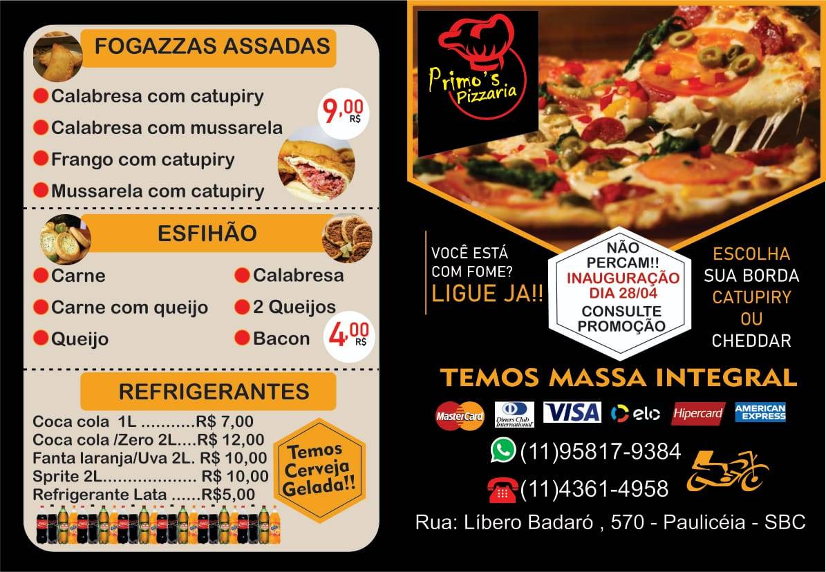 PRIMO'S PIZZARIA cardápio