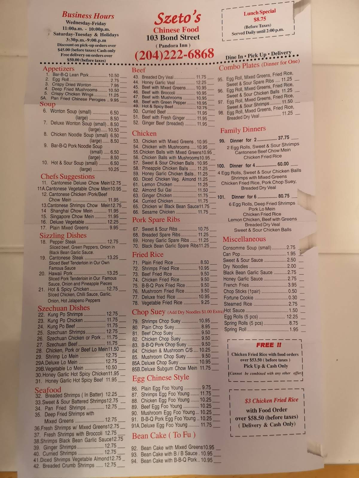 Menu at Pandora Inn Szeto restaurant, Winnipeg
