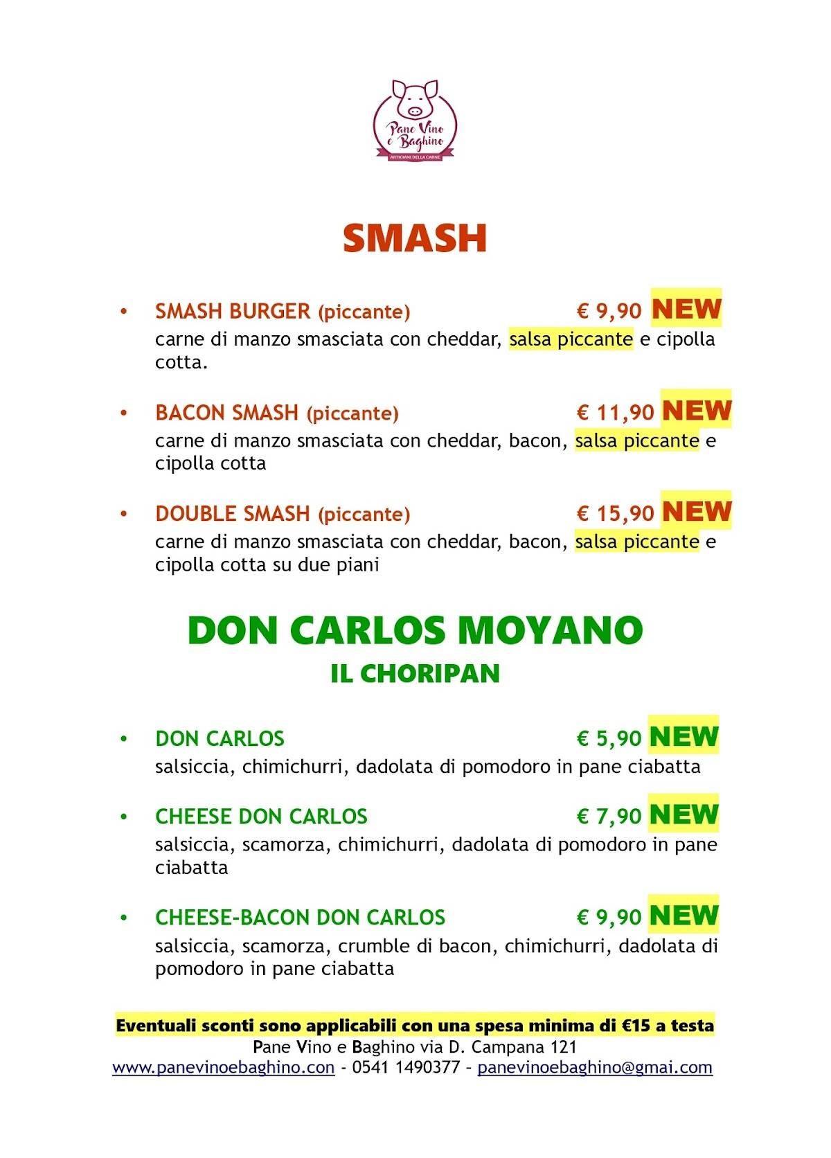 Menu di Pane Vino e Baghino 