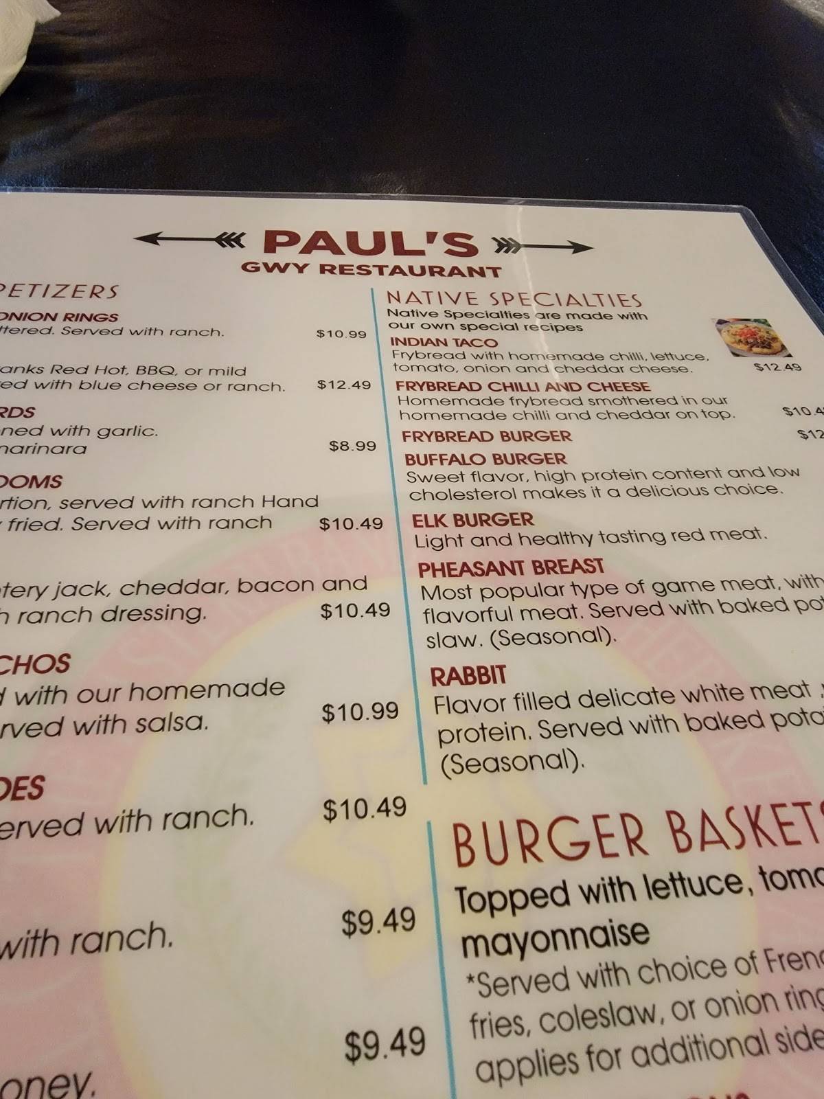 Menu at Paul's Family Restaurant, Cherokee