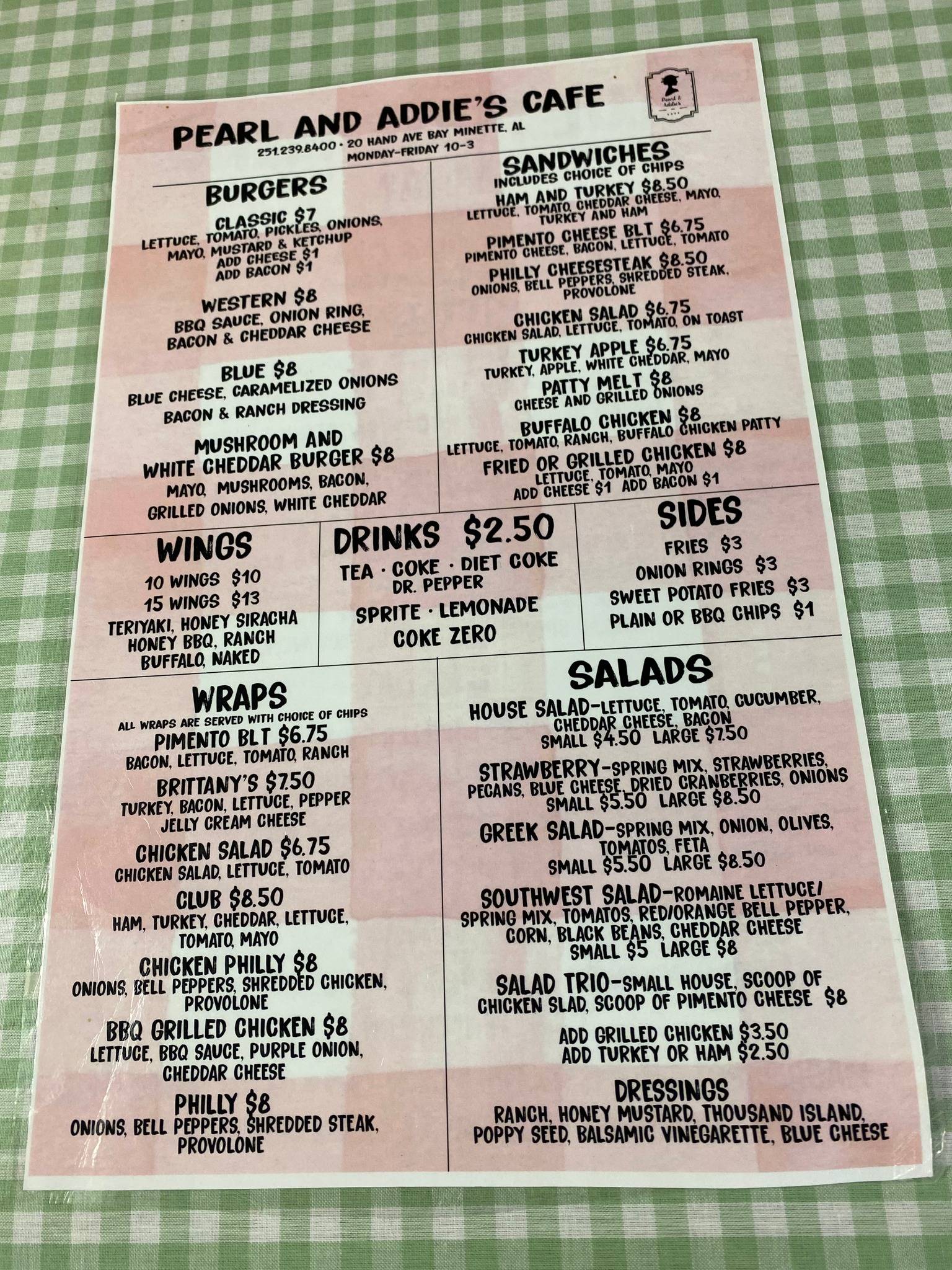 Menu at Pearl & Addie's Cafe, Bay Minette