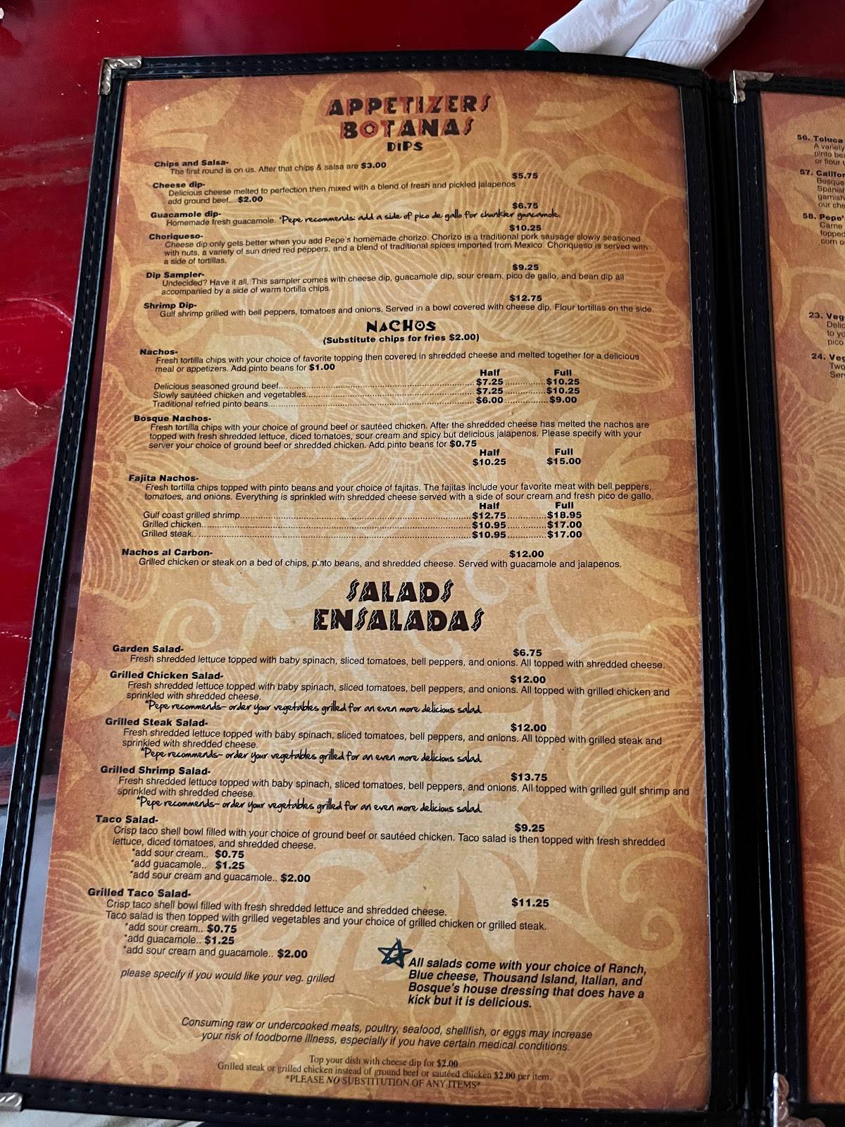 Menu at Pepe’s Bosque Mexican Grill restaurant, D'Iberville