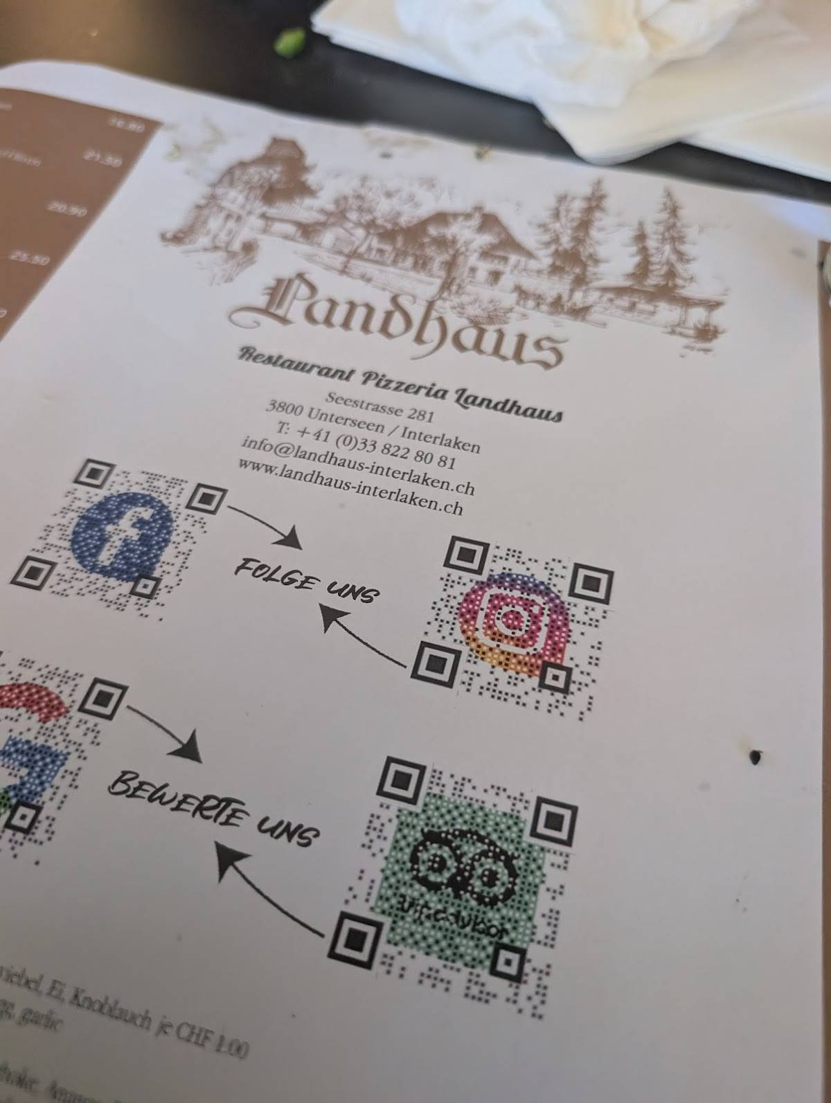 Menu di Restaurant Pizzeria Landhaus 